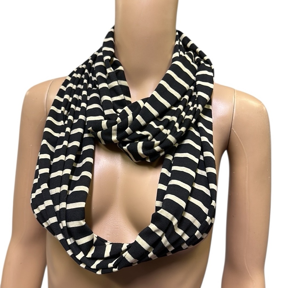 Tickled Pink Black Cream Tan Striped Infinity Scarf Polyester 31 x 15.5 inches